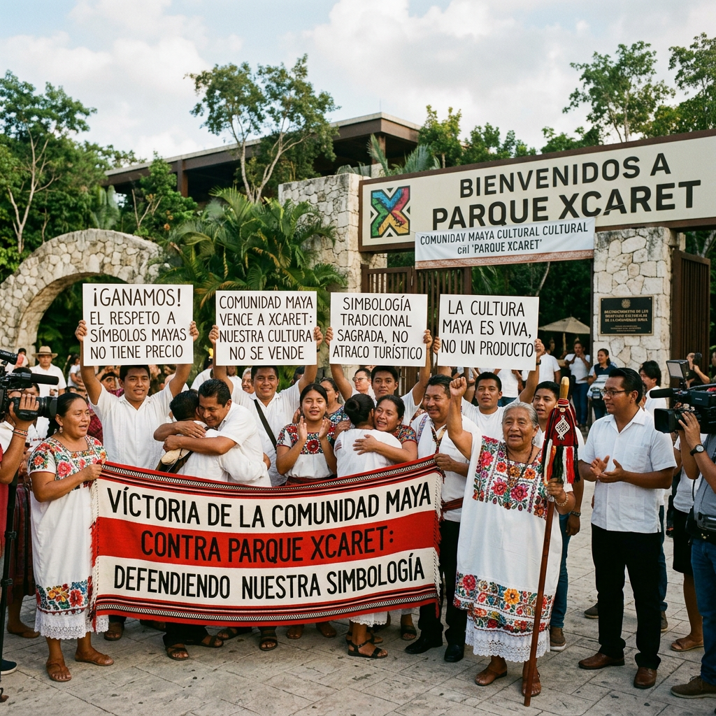 Maya community members holding banners and signs defending their cultural symbols in front of Parque Xcaret entrance