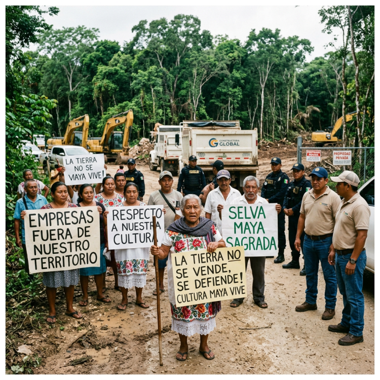 Group of Maya people holding protest signs against land selling and deforestation in front of construction vehicles and police