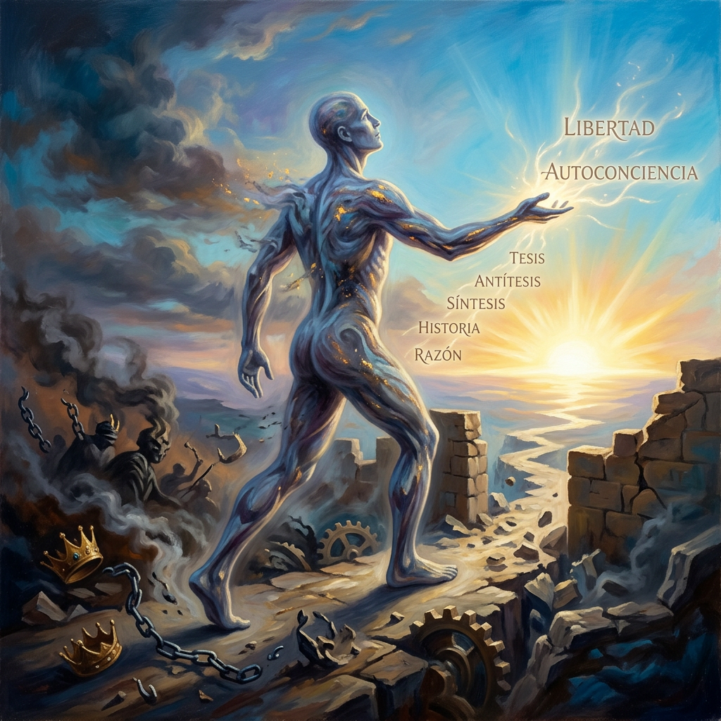 Human figure moving from dark ruins toward bright sunrise, words signifying philosophical concepts